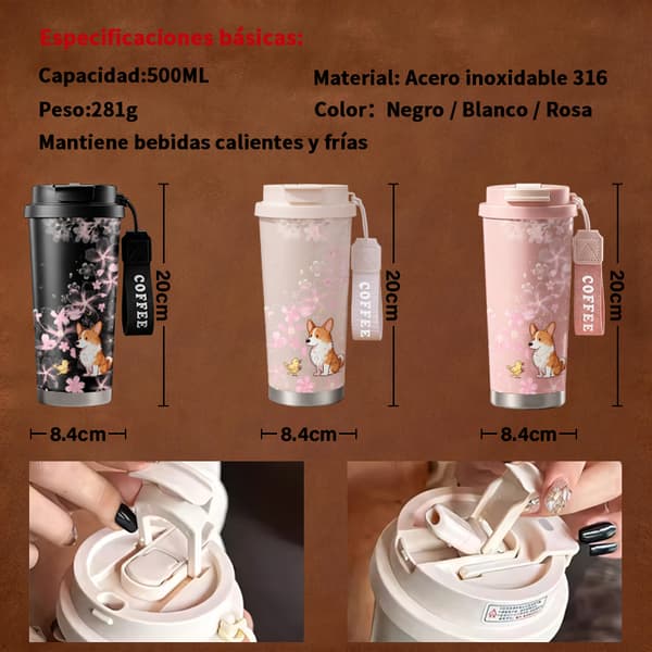 Kaffetermos 500ml Rostfritt Stål Djurmönster, Isolerad kaffemugg, läckagesäker resemugg med lock White