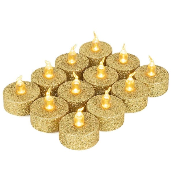 24 Pieces Gold Glitter LED Tea Lights Black Flameless Candles Battery Operated Votive Tealights Warm White Flashing