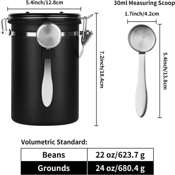 22OZ Lufttät Kaffebönbehållare i Rostfritt Stål med Datummarkering & Måttskopa