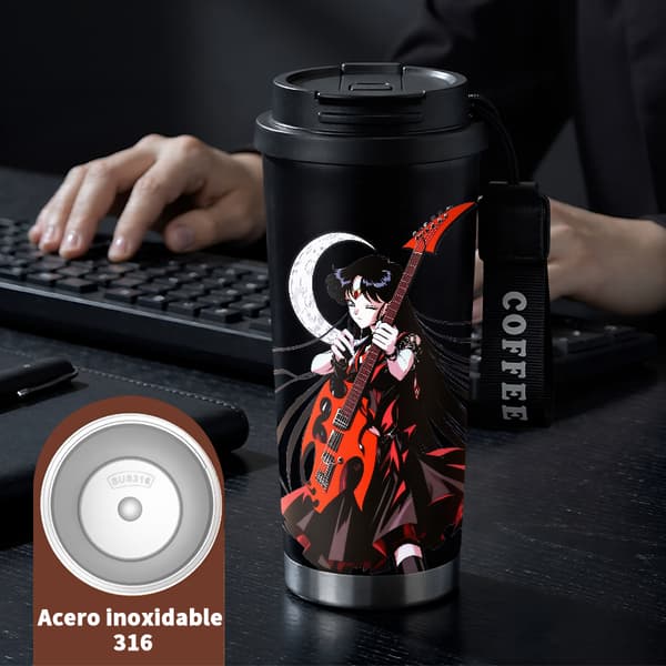 Kaffetermos 500ml Rostfritt Stål Grafisk Design, Isolerad kaffemugg, läckagesäker resemugg med lock Black