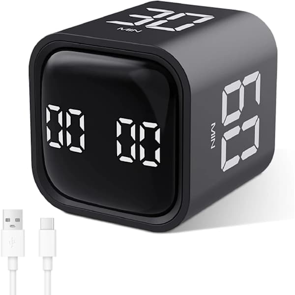 Cube Time Timer, Pomodoro Roterende Timer, 5/10/30/60 Minutter og Digital Timer, Timer for Barn med Vibrasjon, Justerbar, A