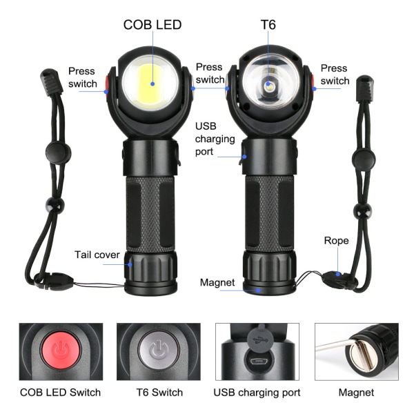 1 kpl LED-taskulamppu magneettisella COB-työvalolla