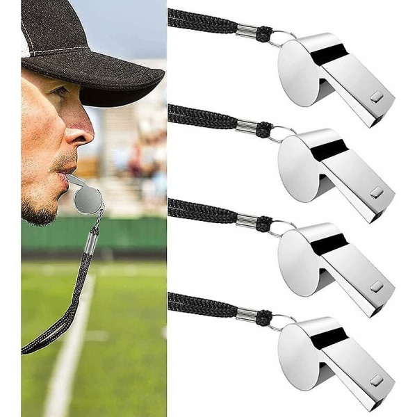 4 Pcs Metal Whistle Stainless Steel Metal Whistle Sport Whistle Stainless Steel Sports Whistle with Lute Lanyard for Coach Referee School Sports Footb