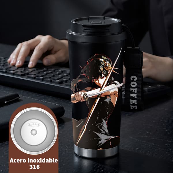 Termisk kaffemugg 500ml rostfritt stål festlig design, isolerad kaffemugg, läckagesäker resemugg med lock Black