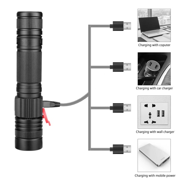 1 stk LED Sterk Lys Lommelykt Aluminium Legering Fokusering USB