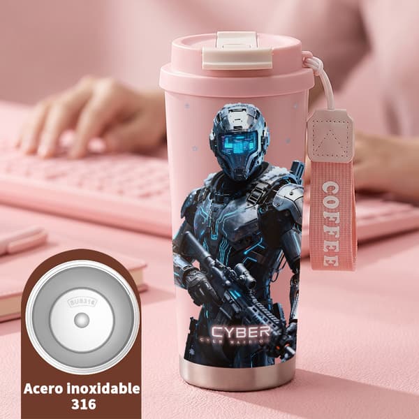 Bærbar kaffetermos 500 ml dobbelvegg kunstnerisk design Pink