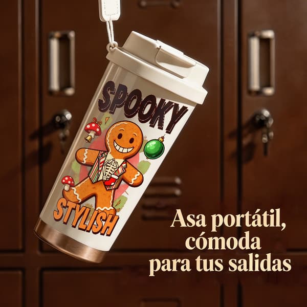 Termosmugg 500 ml rostfritt stål juldesign, isolerad kaffemugg, läckagesäker resemugg med lock White