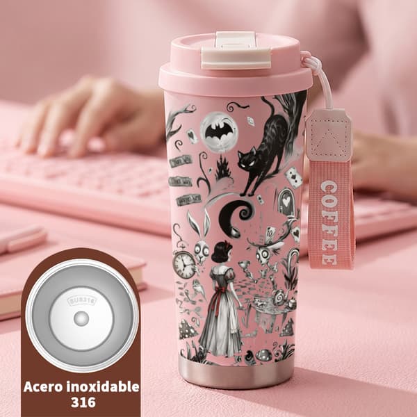 Termoskaffe Mugg 500ml Rostfritt Stål Djurmönster Design, Isolerad kaffemugg, läckagesäker resemugg med lock Pink