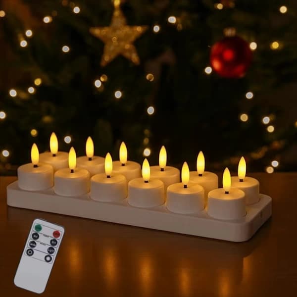 12-pakning - Telys - Oppladbare - LED-lys med kontroll og timer,A