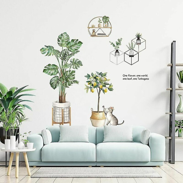 Tropiske planter grønne blade vægklistermærke, palmevægklistermærke, kat citrontræ vægdekoration til soveværelse stue klasseværelse kontor boligindretning
