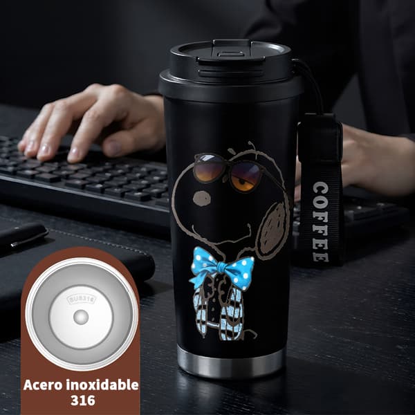 Kaffetermos 500ml Rostfritt Stål Geometrisk Design, Isolerad kaffemugg, läckagesäker resemugg med lock Black