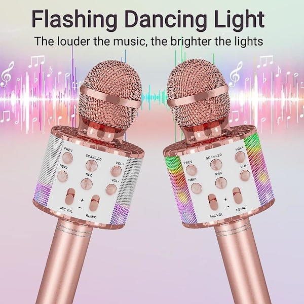 Karaoke trådlös mikrofon med dansande LED-lampor, Bluetooth-mikrofon för barn flicka pojke för fest sång jul födelsedagspresent idé roséguld