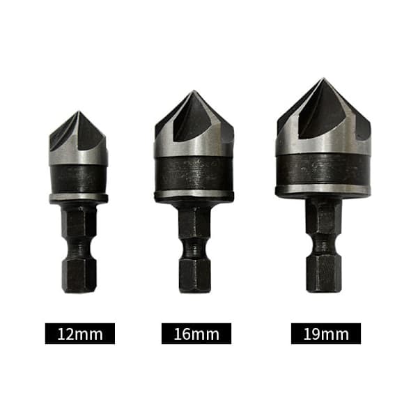 3 stk. 1/4 \" Hex HCS undersænker 5 fløjtebor til undersænkning af undersænkede skruer 12mm/16mm/19mm til træ metal, A