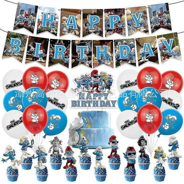 Smurfs Theme Birthday Party Decor Balloon Banner Cake Topper Set