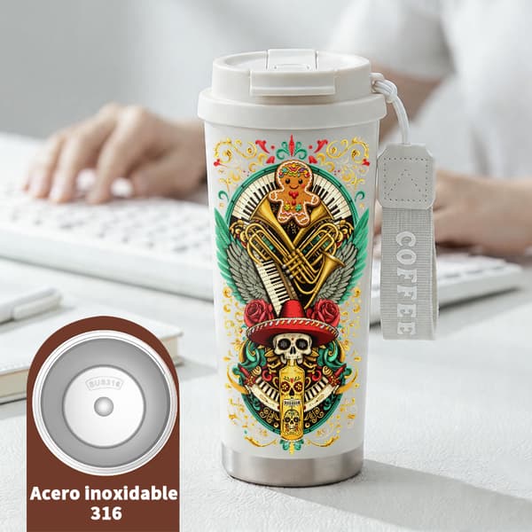 Termoskaffemugg 500ml för kontor Geometrisk design, Isolerad kaffemugg, läckagesäker resemugg med lock White
