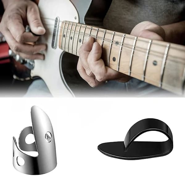 12 justerbara fingerplektrum, gitarrplektrum inklusive 8 st silverfärgade gitarrplektrum i rostfritt stål + 4 st plastgitarrtummar, A