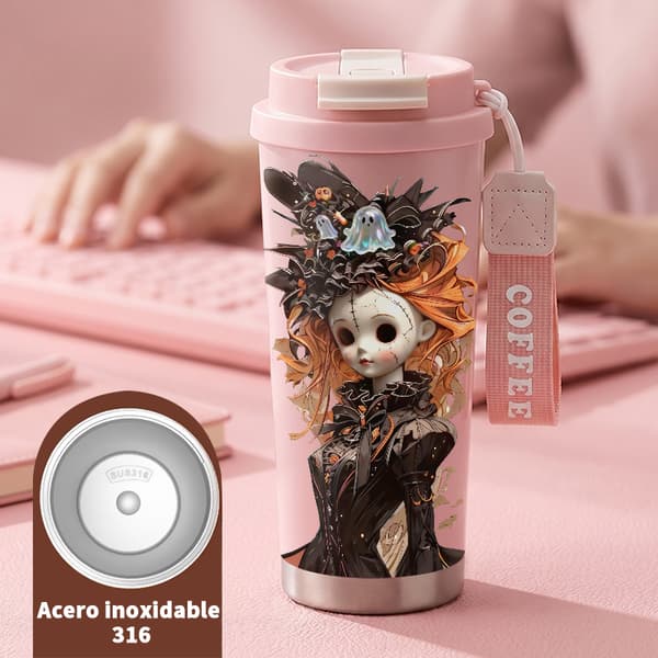 Kaffetermos 500ml Rostfritt Stål Juldesign, Isolerad kaffemugg, läckagesäker resemugg med lock Pink