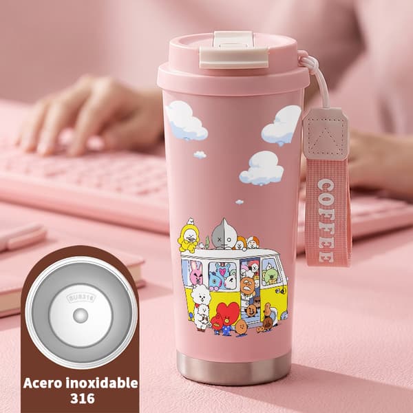 Termosmugg 500 ml rostfritt stål juldesign, isolerad kaffemugg, läckagesäker resemugg med lock Pink