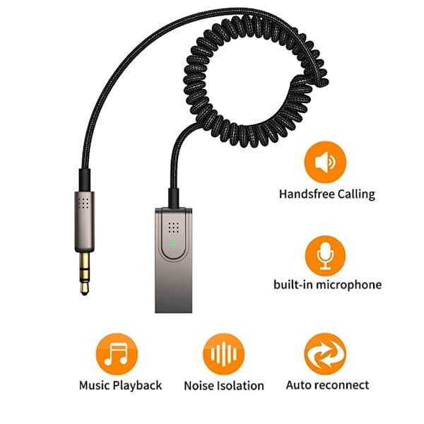 INF Bluetooth-Aux-kabel til bilen/Aux Bluetooth adapter til bil Grå