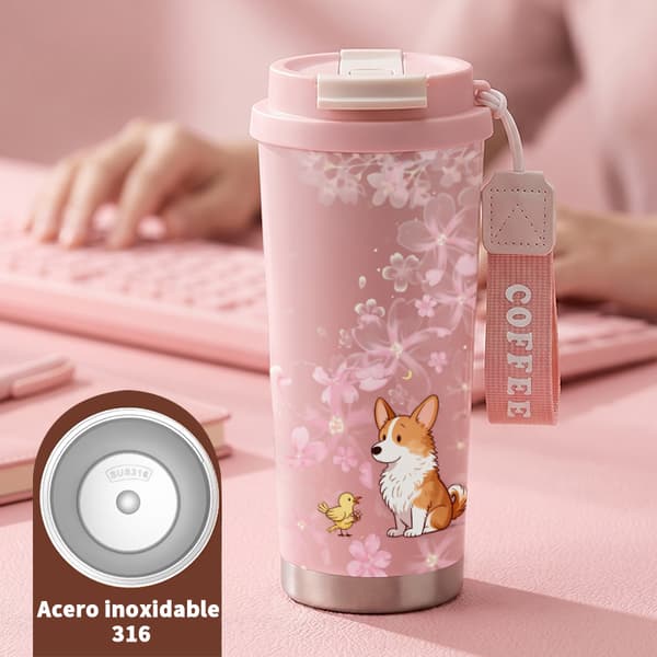Kaffetermos 500ml Rostfritt Stål Djurmönster, Isolerad kaffemugg, läckagesäker resemugg med lock Pink