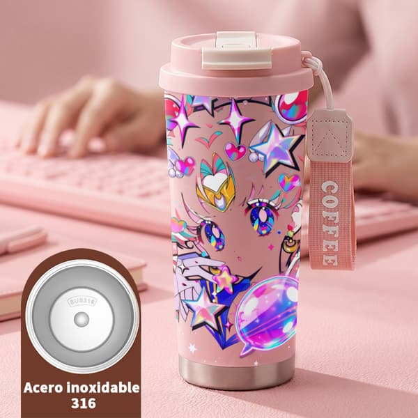 Termisk kaffemugg 500ml 316 rostfritt stål juldesign, Isolerad kaffemugg, läckagesäker resemugg med lock Pink