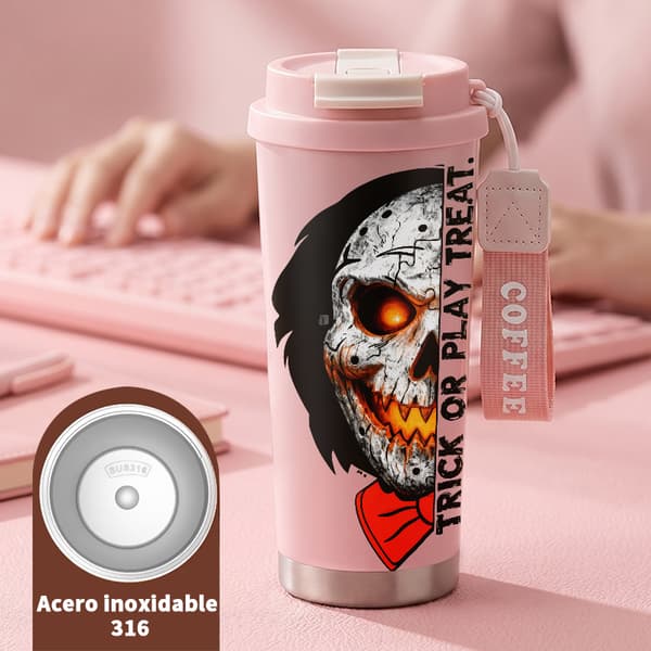 Termoskaffemugg 500ml Rostfritt Stål Blommig Design, Isolerad kaffemugg, läckagesäker resemugg med lock Pink