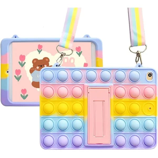 Push Pop Fidget Legetøj Etui til iPad 2/3/4 9.7'' tommer Silikone Stødsikkert Tablet Beskyttelse med Foldbart Stativ og Snor (,A