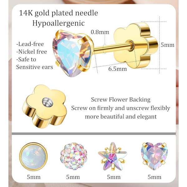 4 Par Hypoallergeniske Flade Ørestikker til Kvinder 14K Guld Brusk Øreringe til Sensitiv Hud Stjerne Hjerte Opal Skrue Bagpå Sovende Øreringe Guld AB