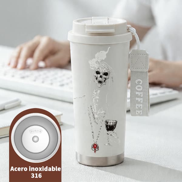 Termosmugg 500ml Rostfritt Stål Anime Design, Isolerad kaffemugg, läckagesäker resemugg med lock White