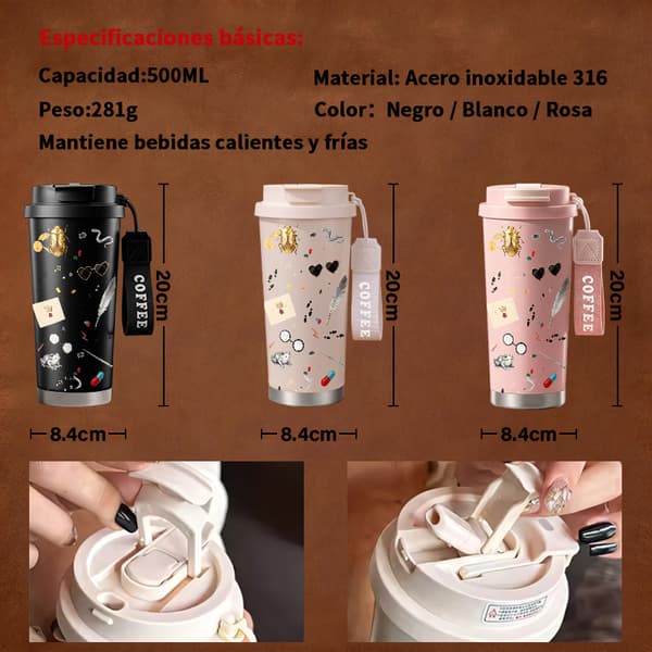 Kaffetermos 500ml Rostfritt Stål Trendig Design, Isolerad kaffemugg, läckagesäker resemugg med lock Black