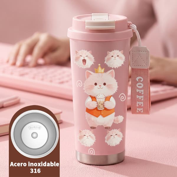 Kaffetermos 500ml 316 Rostfritt Stål Anime Design, Isolerad kaffemugg, läckagesäker resemugg med lock Pink
