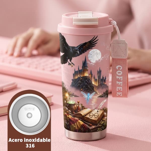 Termosmugg 500ml Rostfritt Stål Djurdesign, Isolerad kaffemugg, läckagesäker resemugg med lock Pink