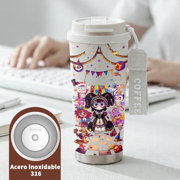 Kaffetermos 500 ml bärbar design med djurtryck, isolerad kaffemugg, läckagesäker resemugg med lock White