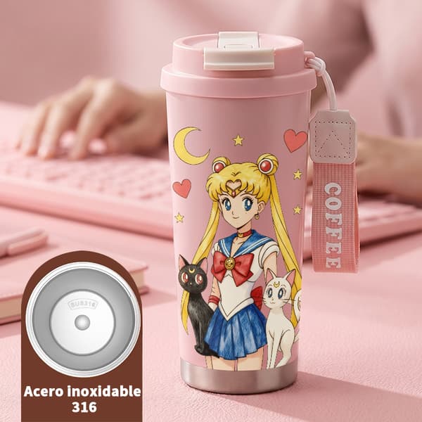 Kaffetermos 500ml Rostfritt Stål Festlig Design, Isolerad kaffemugg, läckagesäker resemugg med lock Pink