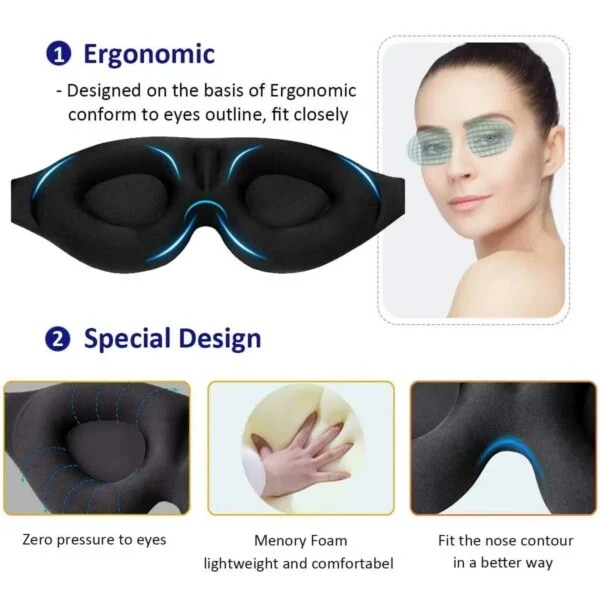 Komfortabel 3D Sovemaske med 100% Mørklægning Sort sort