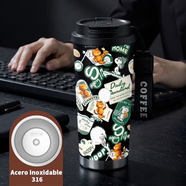 Kaffetermos 500ml Rostfritt Stål Festlig Design, Isolerad kaffemugg, läckagesäker resemugg med lock Black