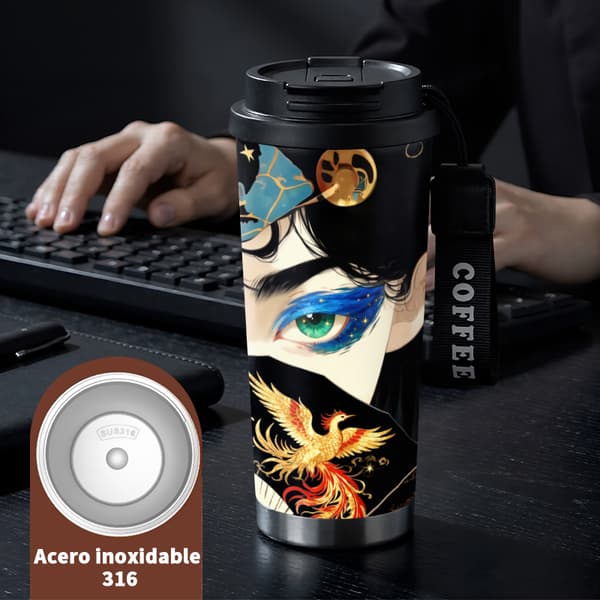 Kaffetermos 500ml 316 Rostfritt Stål Djurdesign, Isolerad kaffemugg, läckagesäker resemugg med lock Black