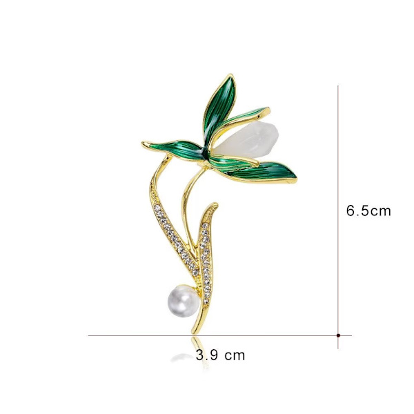 Perlebroche, grønn plantebroche, jakke, corsage, anti