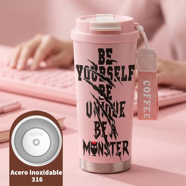 Bärbar kaffetermos 500ml rostfritt stål djurdesign, Isolerad kaffemugg, läckagesäker resemugg med lock Pink
