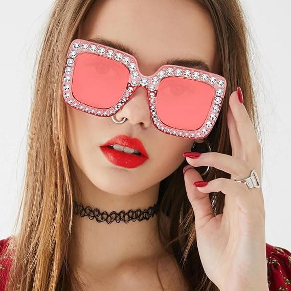 2-delt overdimensionerede solbriller med rhinestones, overdimensionerede firkantede