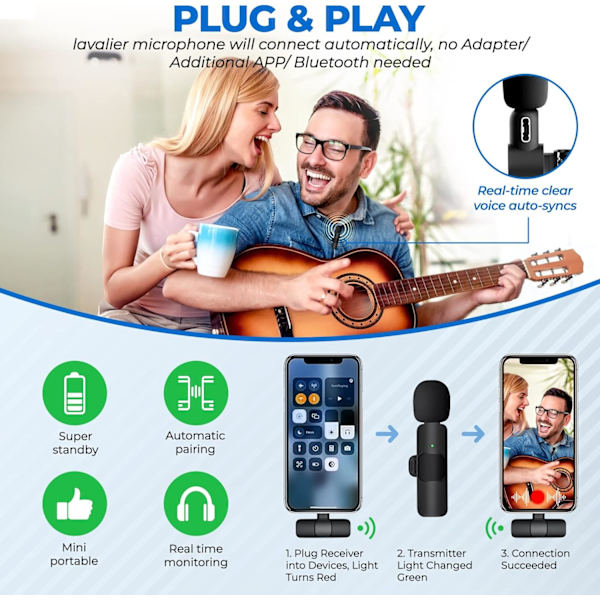 1 stk Trådløs Lavalier Mikrofon - Plug and Play Klips-på Skjorte