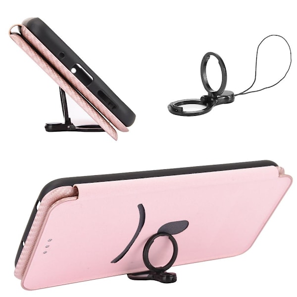 För Nokia C32 PU Läder Kolfibertextur Skal Kortfack Ställ Mobilskal Rose Gold
