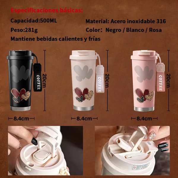 Termisk kaffemugg 500ml Miljövänlig Abstrakt Design, Isolerad kaffemugg, läckagesäker resemugg med lock White