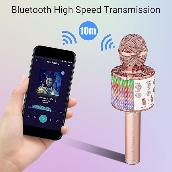 Karaoke trådlös mikrofon med dansande LED-lampor, Bluetooth-mikrofon för barn flicka pojke för fest sång jul födelsedagspresent idé roséguld