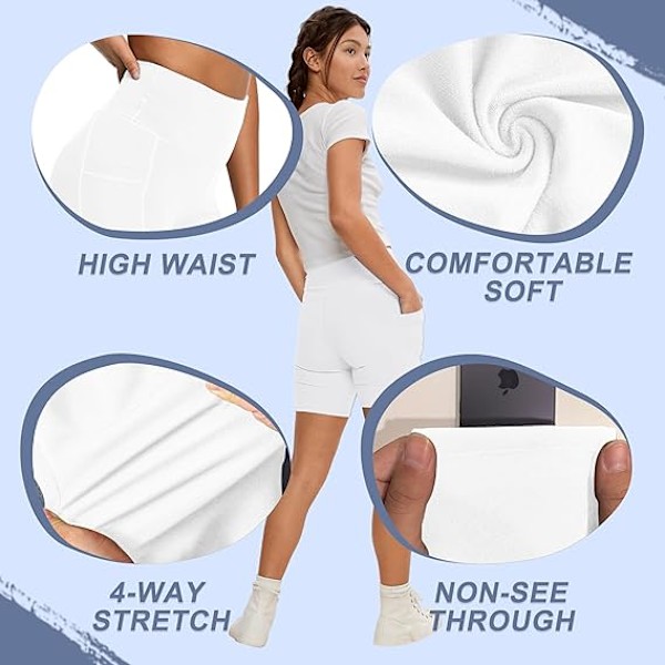 Yoga Shorts, damshorts, sidofickor med telefonficka, hög midja, yoga fitness, träningsbyxor, underdel, vit white L
