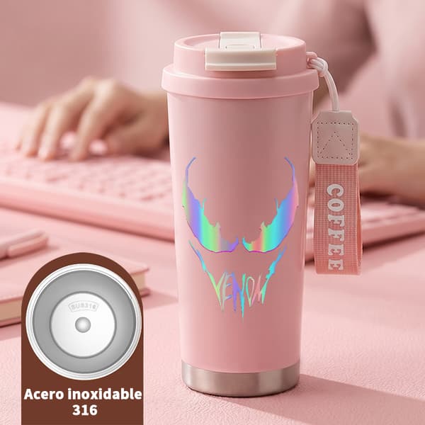 Termoskaffemugg 500ml Miljövänlig Konstnärlig Design, Isolerad kaffemugg, läckagesäker resemugg med lock Pink