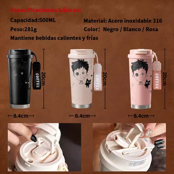 Kaffetermos 500ml Rustfritt Stål Tegneseriedesign White