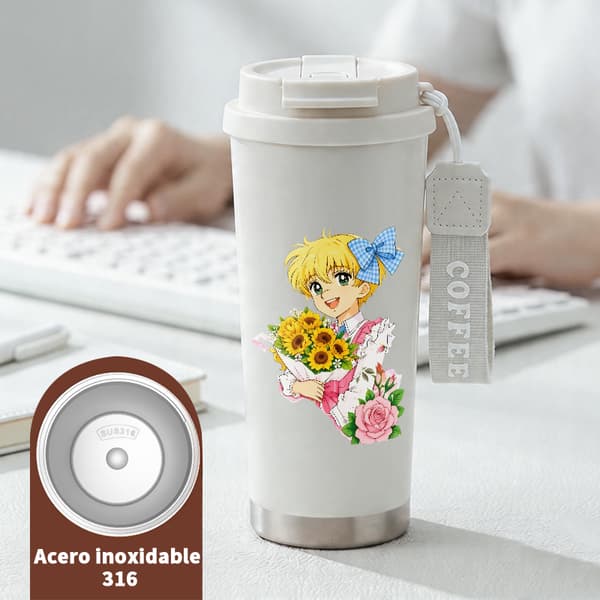 Termisk kaffemugg 500ml rostfritt stål festlig design, isolerad kaffemugg, läckagesäker resemugg med lock White