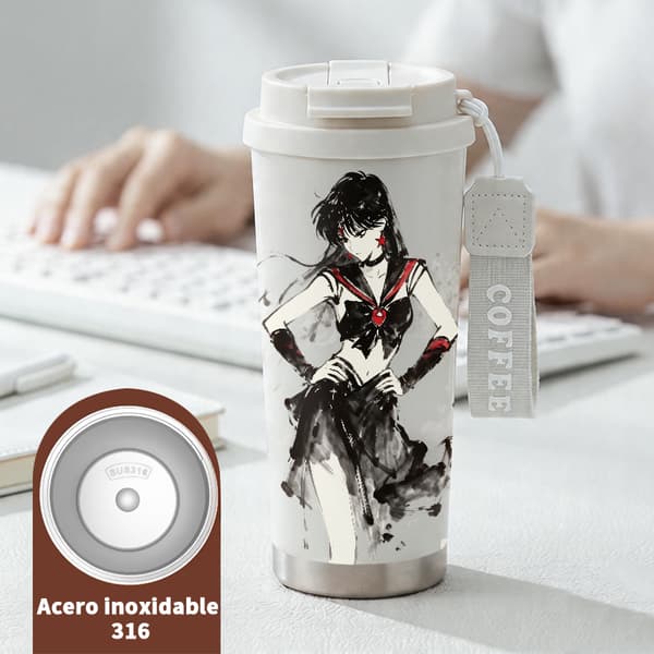 Bärbar kaffetermos 500 ml rostfritt stål abstrakt design, isolerad kaffemugg, läckagesäker resemugg med lock White