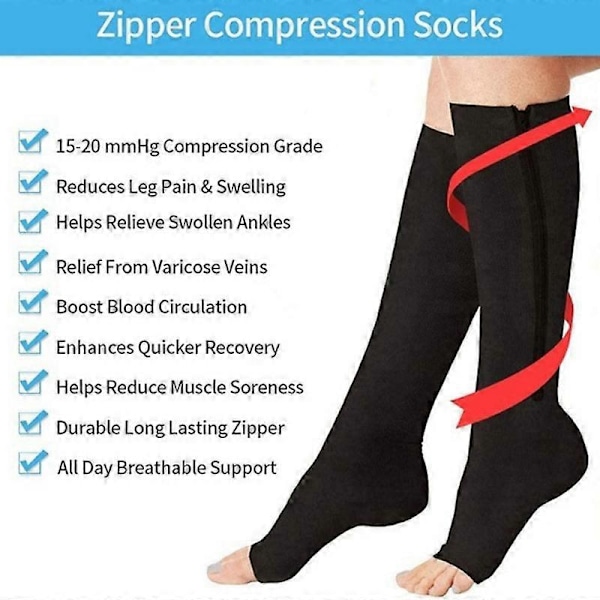 Medicinska kompressionsstrumpor med dragkedja för kvinnor och män, hög elastisk nylon, tryckstrumpa med stängd tå för ödem och åderbråck black L XL